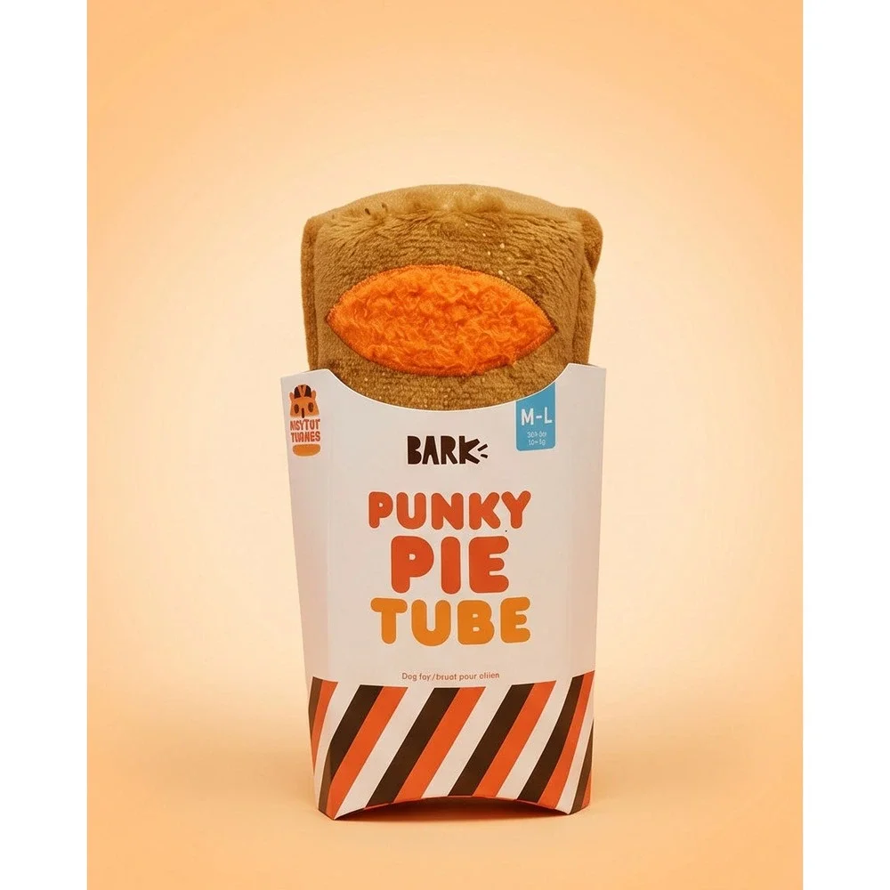 Bark Box‎ Punky Pie Tube Dog Toy Plush Squeaker Crinkle M-L Brown #213351 NEW